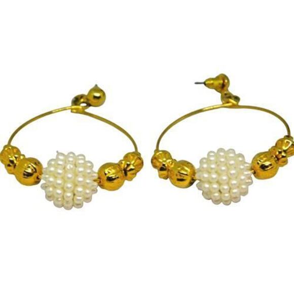Hoop Earrings Gold Tone Textured White Beads Classic Style Approx. 1.5" Jewelry - Picture 2 of 5